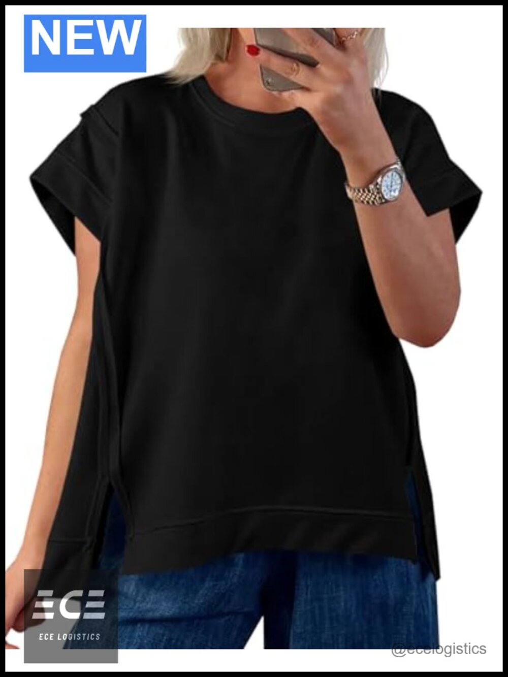 Oversized Cap Sleeve Tunic T-Shirt with Side Slit Crew Neck Loose Fit Summer Top
